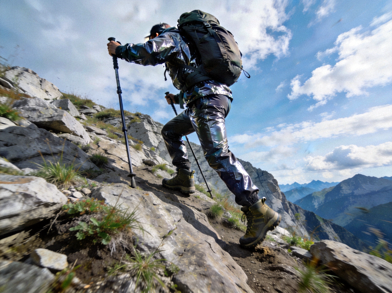 登山者在山脊上使用登山杖和背包进行户外徒步